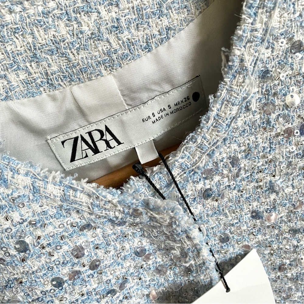 Zara textured tweed sequin blazer jacket blue sliver - Picture 10 of 12